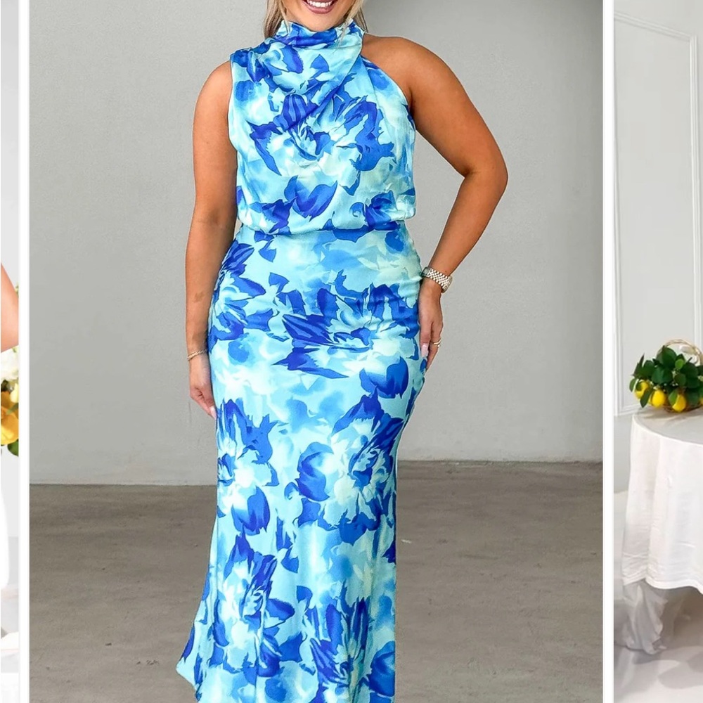 Blue Sleeveless Halter Maxi Dress for Cocktail Events